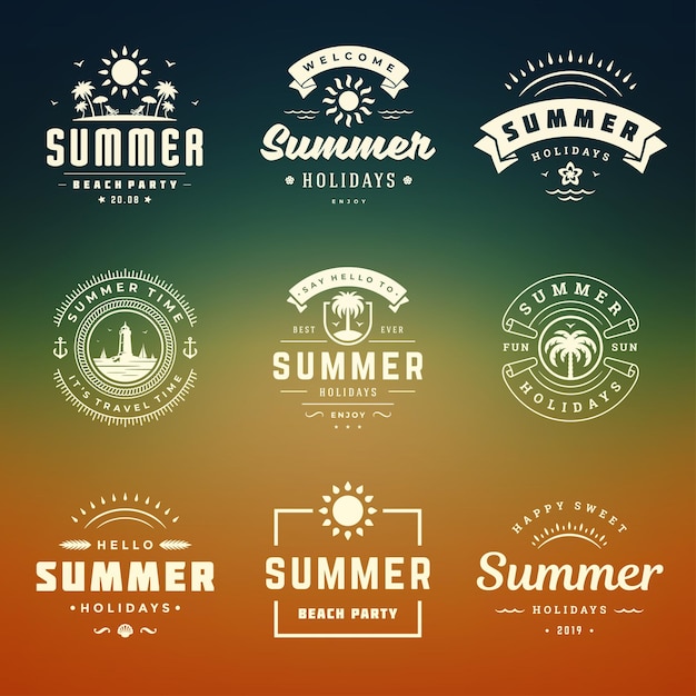 Summer holiday labels and badges retro design set. Templates for greeting cards, posters and apparel design. Beach vacation logos with palm trees and sun icons vector illustrations.