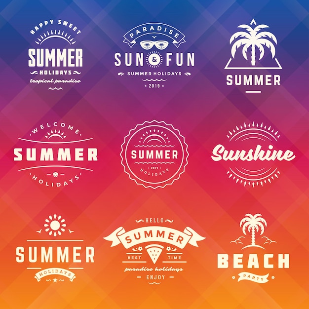 Summer holiday labels and badges retro design set. Templates for greeting cards, posters and apparel design. Beach vacation logos with palm trees and sun icons vector illustrations.