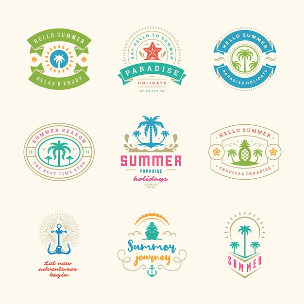 Summer holiday labels and badges retro design set. Templates for greeting cards, posters and apparel design. Beach vacation logos with palm trees and sun icons vector illustrations.