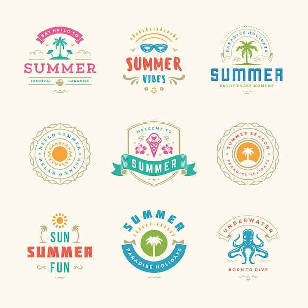 Summer holiday labels and badges retro design set. Templates for greeting cards, posters and apparel design. Beach vacation logos with palm trees and sun icons vector illustrations.