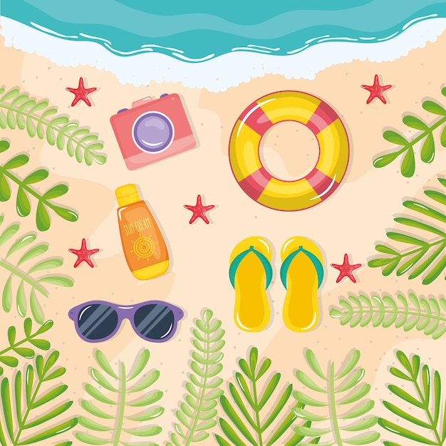 summer holiday poster with sandals and icons