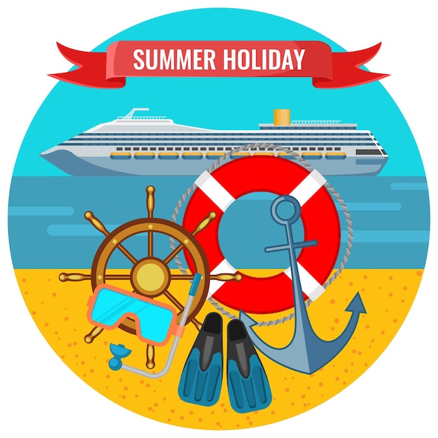 Summer holiday posters with travelling cruise liner, lifebuoy, anchor and flippers on background of beach seaside, journey by water concept