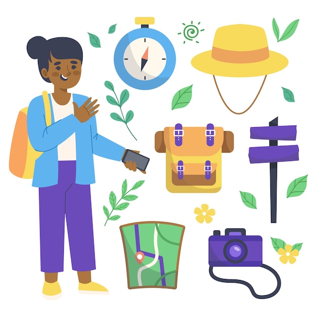 Summer holiday traveling and tourism Character and elements Colorful touristic objects like woman hat clock backpack map signpost shoes camera cap cloth Cartoon flat vector illustration