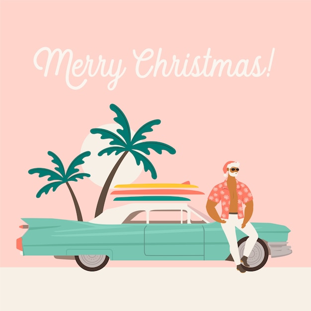 Summer holiday vacation with santa claus and car.