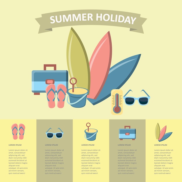 Summer holiday vacation with a surfboard on the beach. Icons and elements for graphics