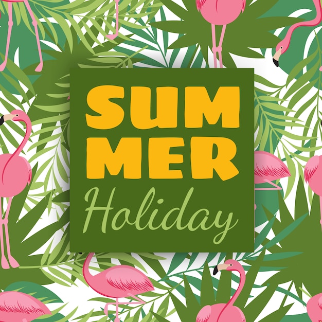 Summer holidays card design with tropical plants and flamingo