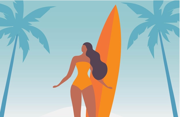 Summer holidays concept Beautiful bikini girl holding surfboard surfing on beach in summer day vec