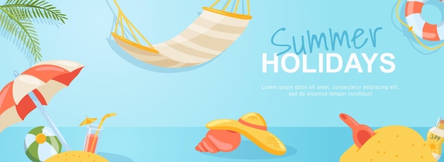 Summer holidays horizontal web banner Sea beach hammock palm tree umbrella ball cocktail hat tropical island vacation Vector illustration for header website cover templates in modern design