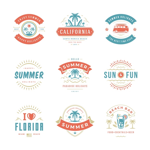 Summer holidays labels and badges retro typography design set.