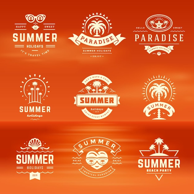 Summer holidays labels and badges retro typography design set