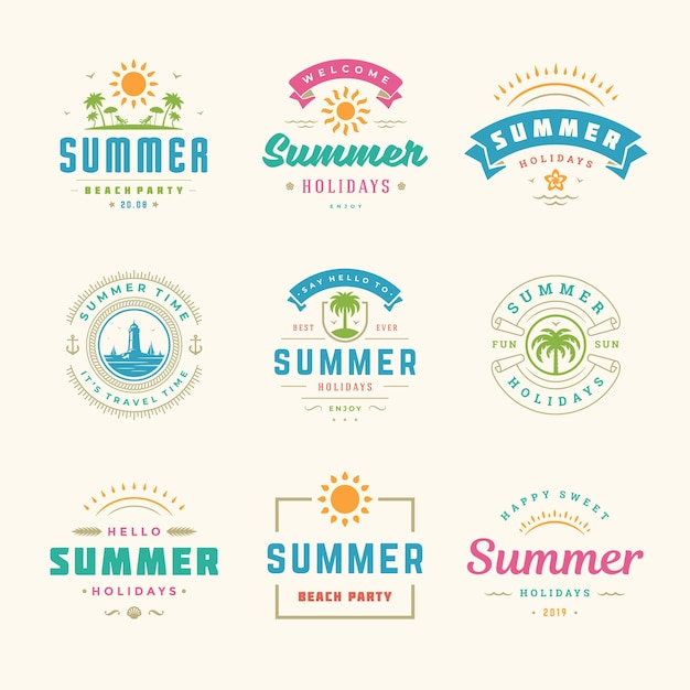 Summer holidays labels and badges retro typography design set