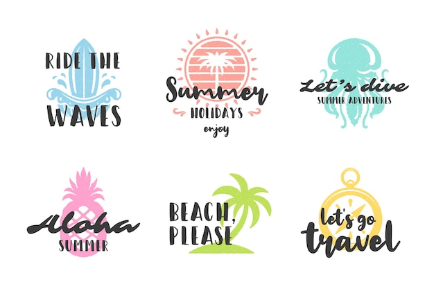 Vector summer holidays typography inspirational quotes design for posters or apparels set vector illustration. hand drawn style symbols and objects.