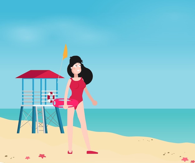 Summer holidays vector illustration. Beach with girl, car and surf