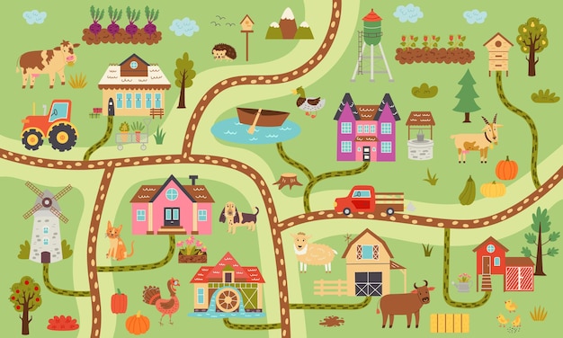 Summer horizontal rustic farm map. Map constructor village, farm animals, ranch. Nursery design for posters, carpet, children room. Vector hand draw illustration