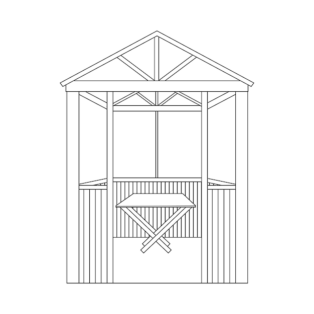 Summer house a table inside, black line drawing, doodle isolated on white background.