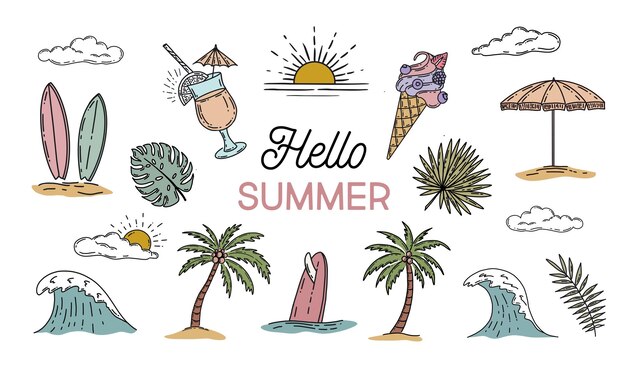 Vector summer icon set hand drawn illustration