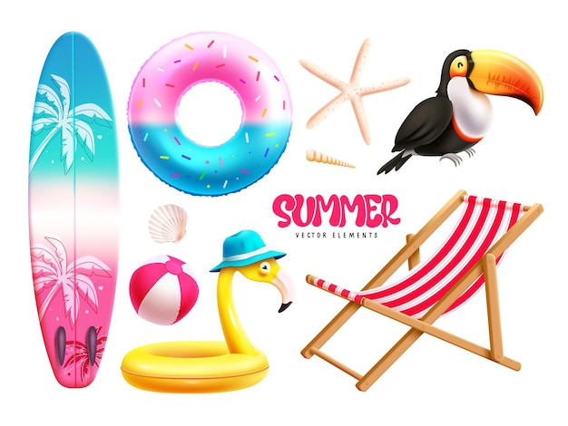 Summer icons elements vector set design Summer elements like surfboard floaters toucan flamingo