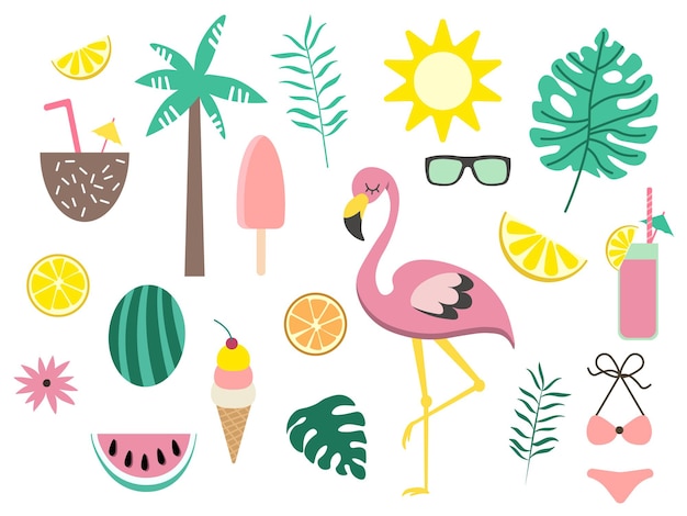 Summer icons set ice cream drinks palm leaves fruits and flamingo Bright summertime poster set Collection of scrapbooking elements for beach party EPS