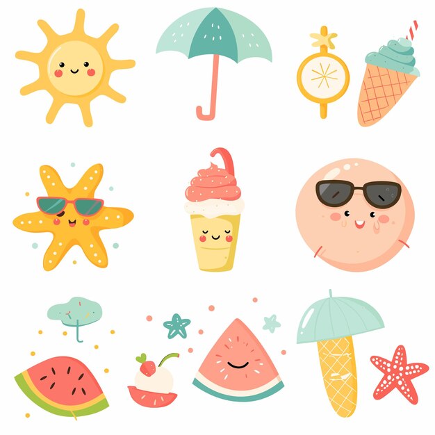 Vector summer icons set sun umbrella ice cream watermelon sunglasses