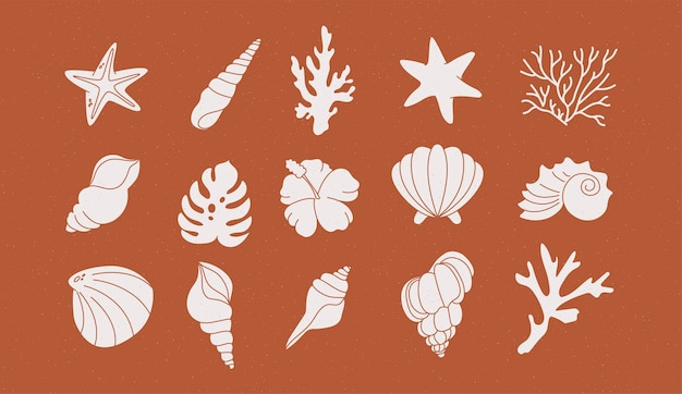 Summer icons set with corals palm leaves and seashells Cute sea ocean and brown background with sand For social media accommodation rental and travel services