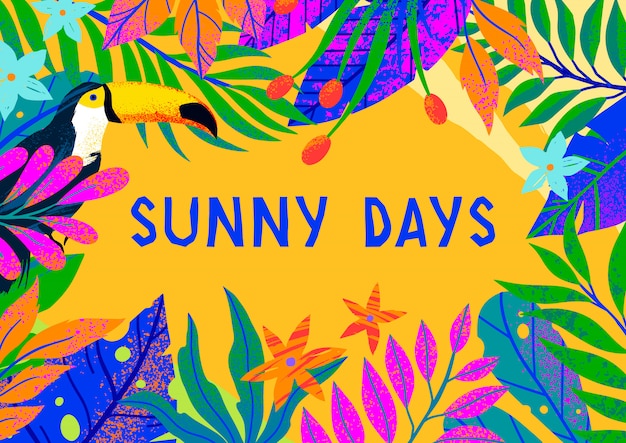 Summer illustration with bright tropical leaves,flowers and toucan