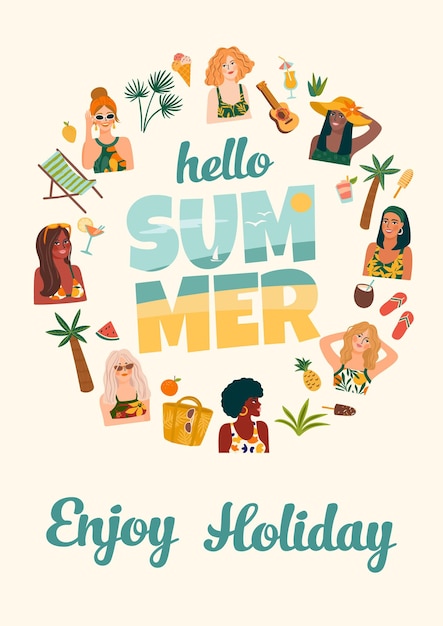 Summer illustration with cute women. Card