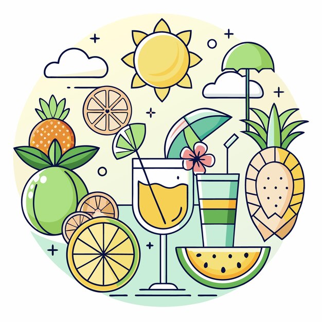 Vector summer illustration with fruits drinks sun and umbrella