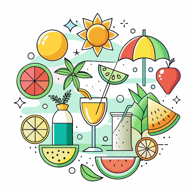 Summer illustration with fruits drinks and umbrella