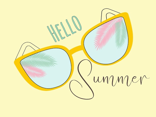 Summer illustration with the inscription and sunglasses with palm leaves on a yellow background