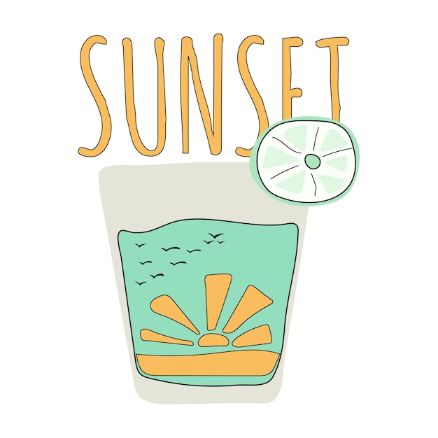 Summer illustration with the inscription sunset and a glass in which the sun and birds are reflected