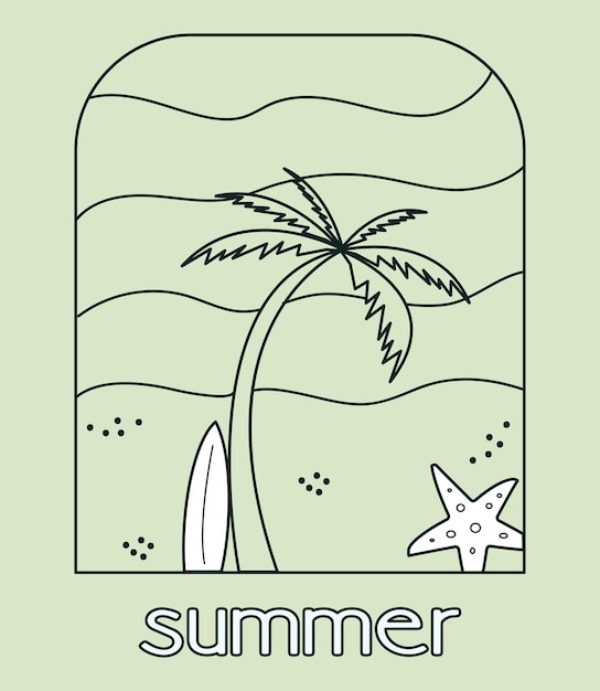 Summer illustration with a palm tree and a surfboard on the background of water