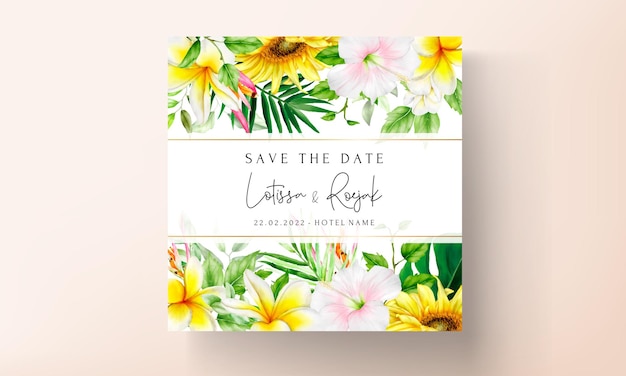 summer invitation card with tropical flower and leaves