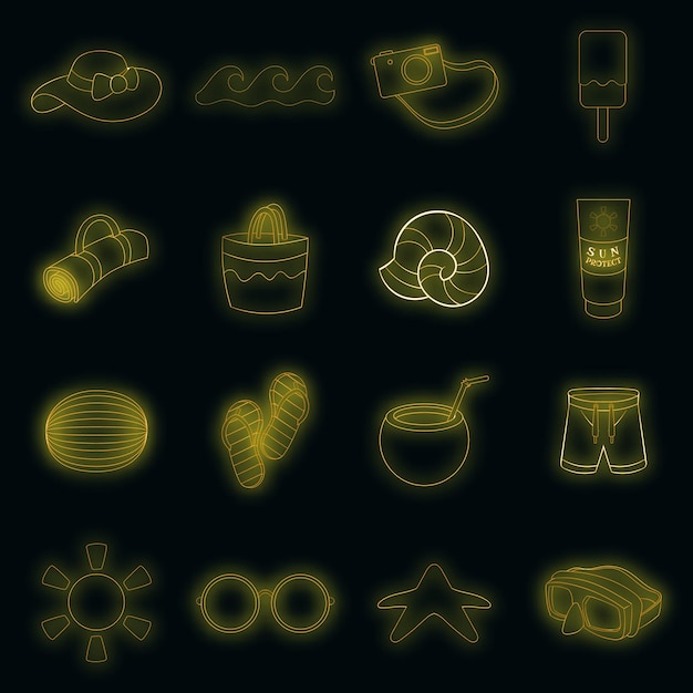 Summer items icons set. Illustration of 16 summer items vector icons neon color on black