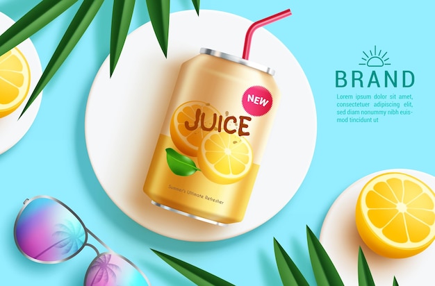 Vector summer juice vector template design summer soda drink in can product display elements for promotion