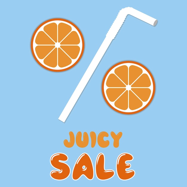 Summer juicy sale banner Discount offer poster Illustration with straw and orange slices as percent