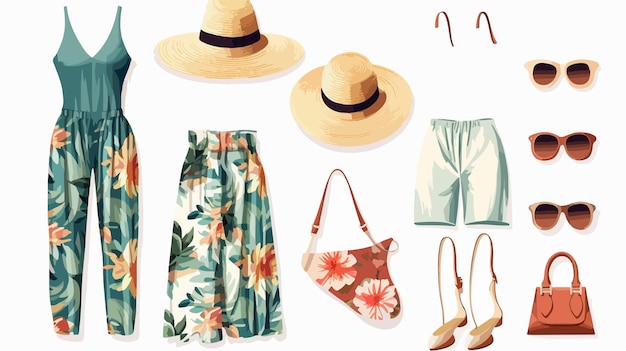 Vector summer jumpsuit with beach hat tote bag sunglasses and sandals