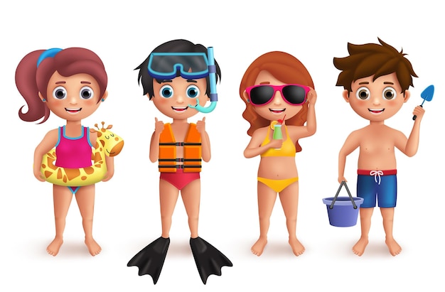 Summer kids vector characters set Boys and girls playing in beach doing outdoor activities