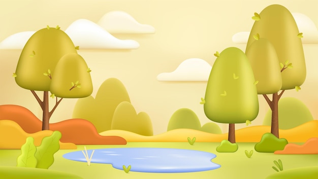 Summer landscape background 3d illustration. Forest meadow with pond and green trees in cartoon style. Nature, season, summer concept