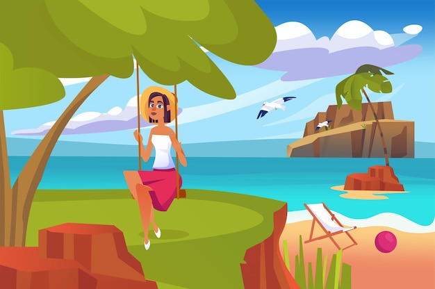 Summer landscape background in flat cartoon design wallpaper with happy woman rides on swing