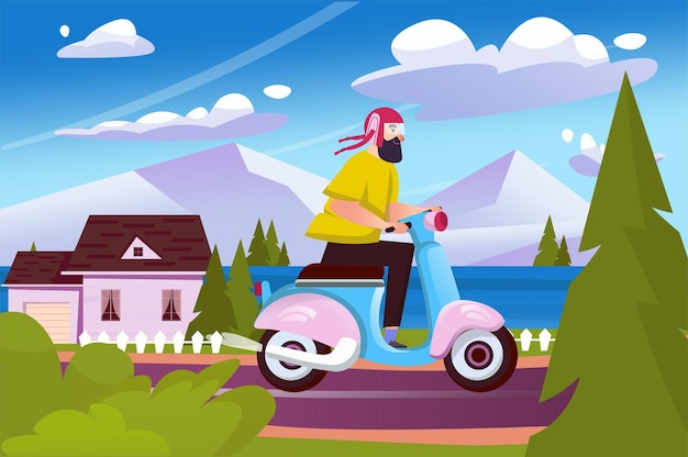 Vector summer landscape background in flat cartoon design wallpaper with man in helmet rides moped on road