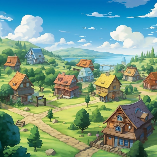 summer landscape cartoon home house meadow fairy village farm kingdom colorful illustration nature