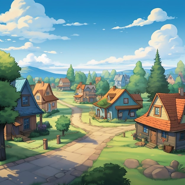 summer landscape cartoon home house meadow fairy village farm kingdom colorful illustration nature