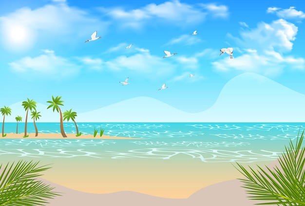 Summer landscape day time beach scene with trees background