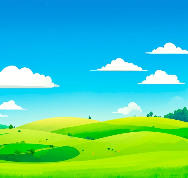 summer landscape with green hills in cartoon style outdoor illustration