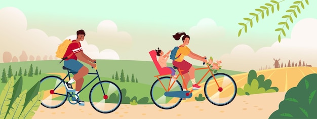 Summer landscape with happy family cycling spending time outdoor Couple and baby on bikes