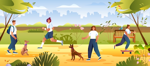 Summer leisure concept with female and male characters waling their dogs.