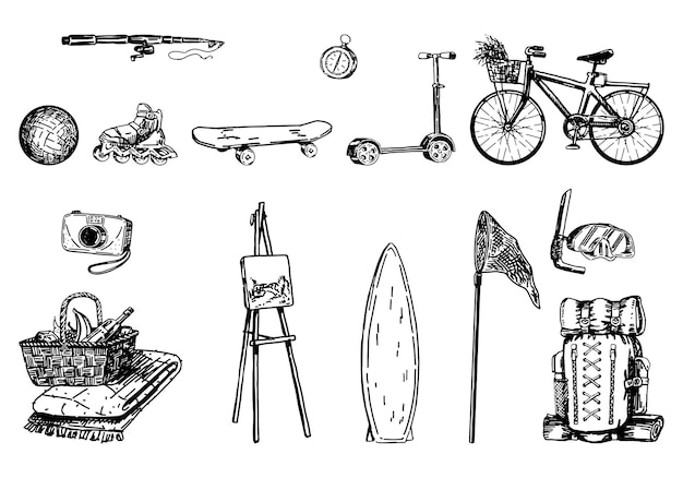 Summer leisure sketch collection Attributes set of picnic plein air outdoor sports hiking fishing photography Hand drawn vector illustrations Engraved style cliparts isolated on white