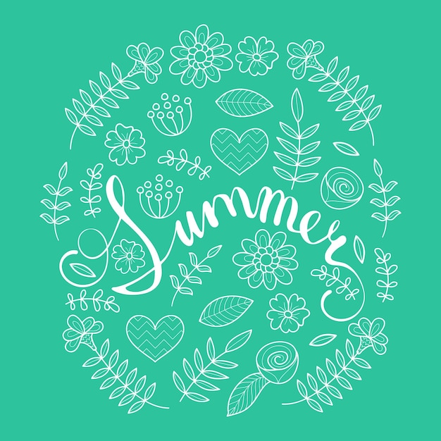 Summer lettering in floral pattern round frame Vector typography poster