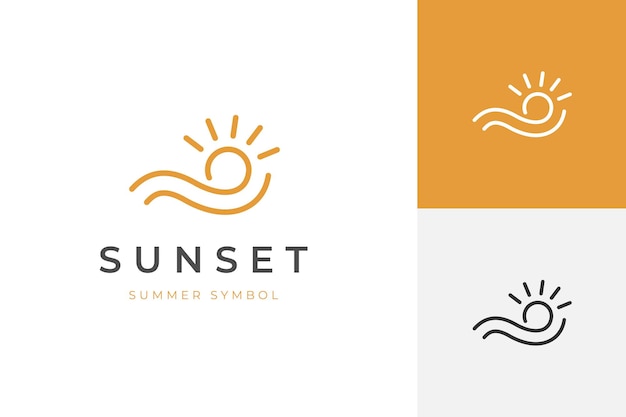 summer logo icon design with a sun with rays and a wave graphic line art modern logo