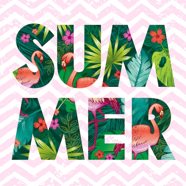 Summer logo with sketch pink flamingo and tropical leaves.